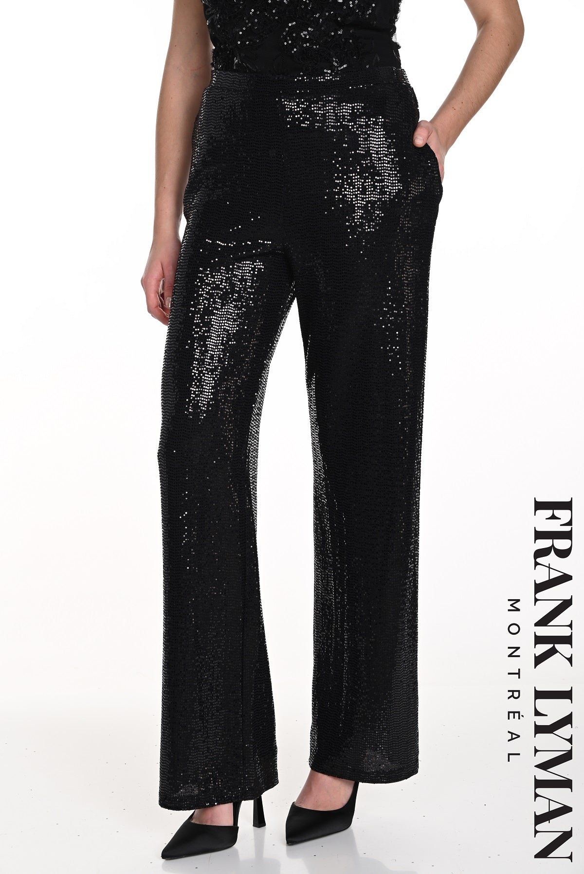 Frank Lyman Montreal Black Pull On Sequin Pant With Pockets in Wider Leg Style