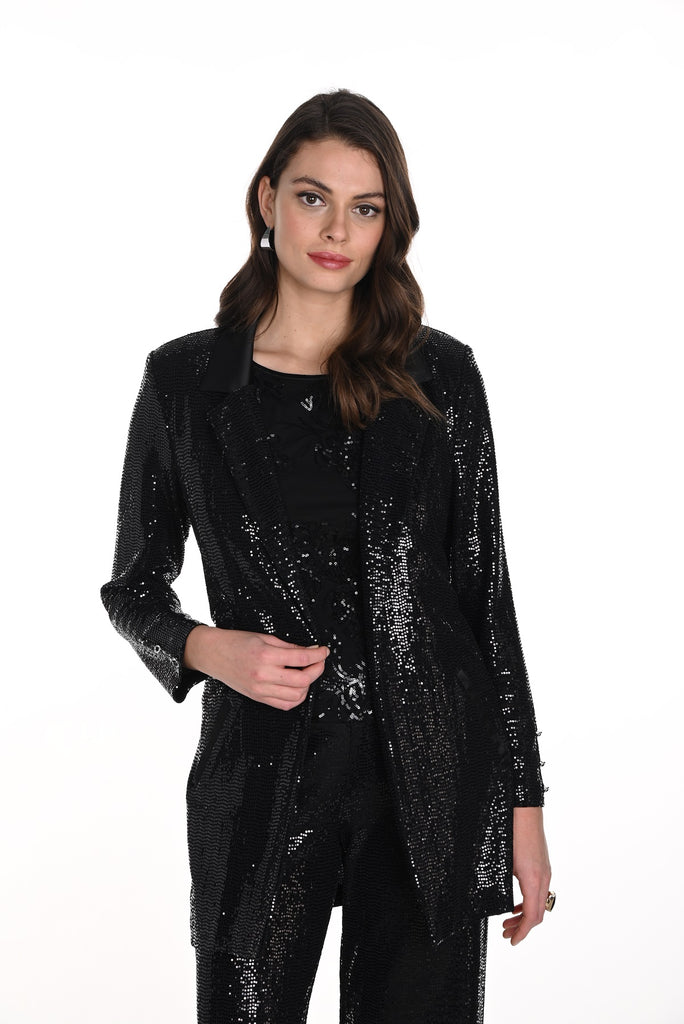 Frank Lyman Montreal Black Sequin Jacket in Flattering Longer Silhouette