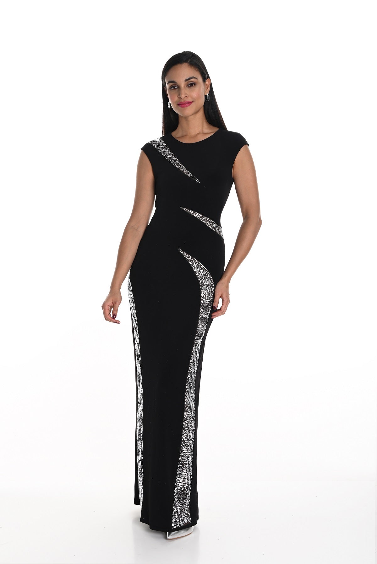 Long sleeveless black gown with crystal stone insert detail on front