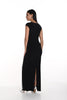 Long sleeveless black gown with crystal stone insert detail on front