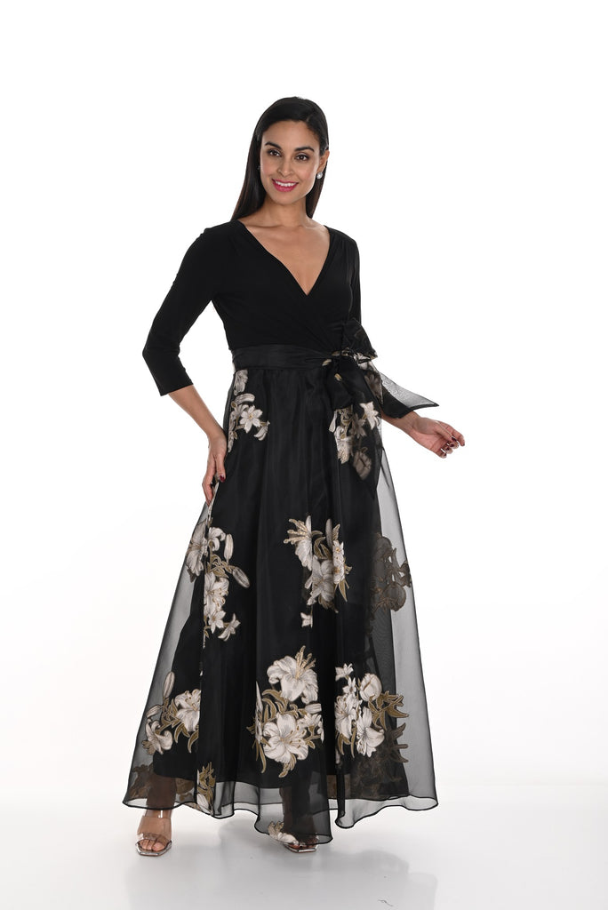 Frank Lyman Montreal Belted Satin Floral Evening Gown in black champagne