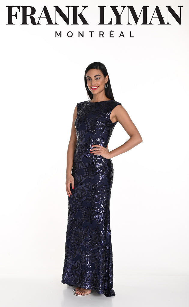 Frank Lyman Montreal Navy Sequin Full Length Gown With Boat Neckline And Back Concealed Zipper