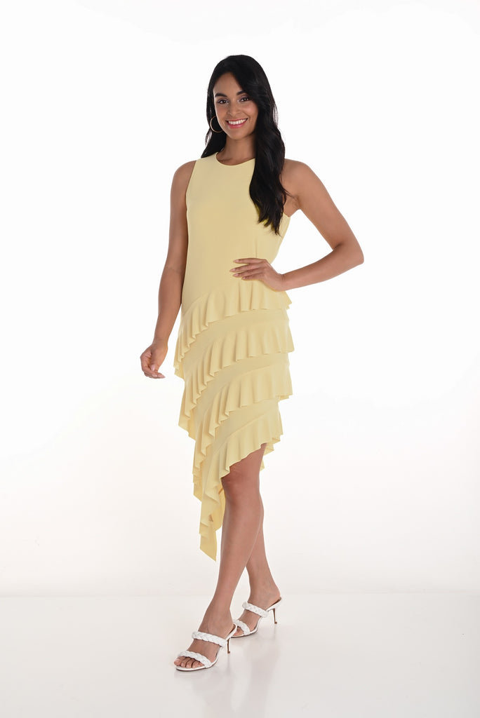 Frank Lyman Montreal yellow dress with ruffled asymmetrical hem