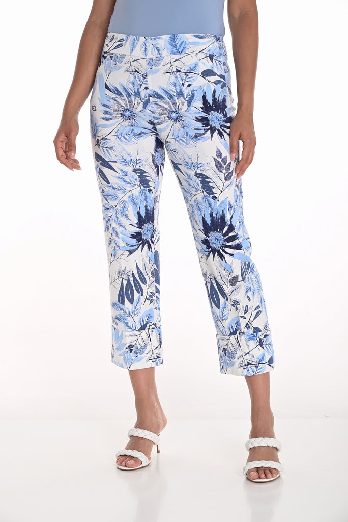 Frank Lyman Blue white floral print pull on pants.