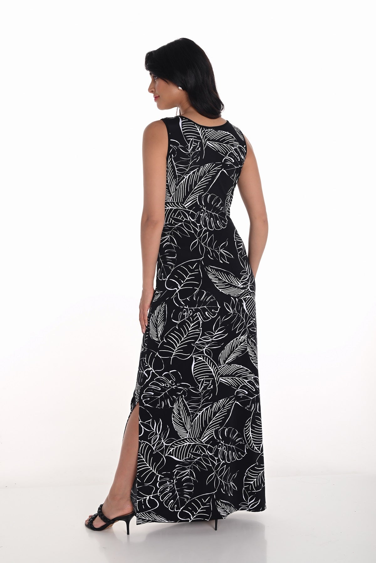 Frank Lyman Black white floral knit maxi dress with side slit detail