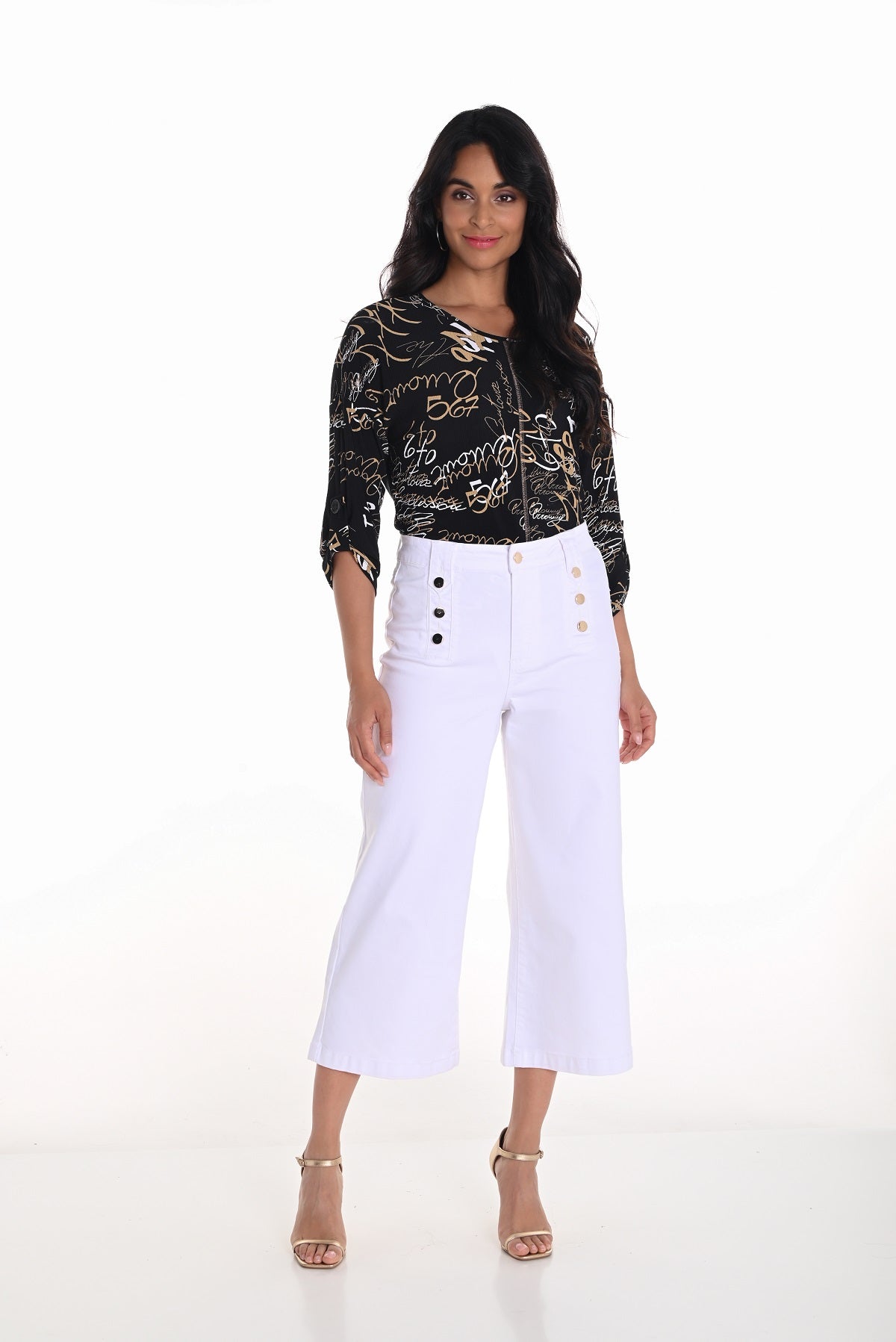 Frank Lyman wide leg off white cotton crop length jeans