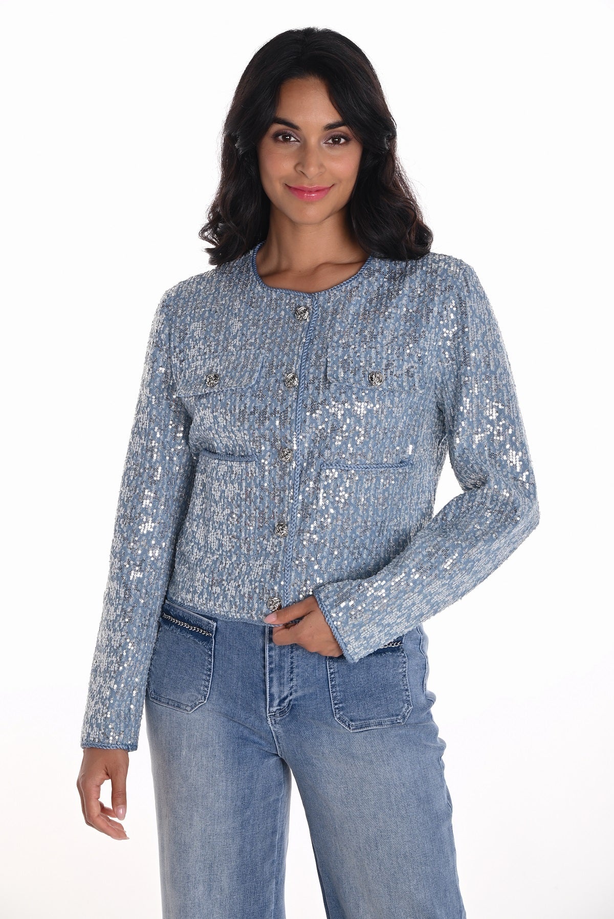 Frank Lyman blue silver sequin short cropped jacket with patch pockets