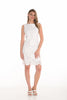 Woman wearing a white lace dress on a white background