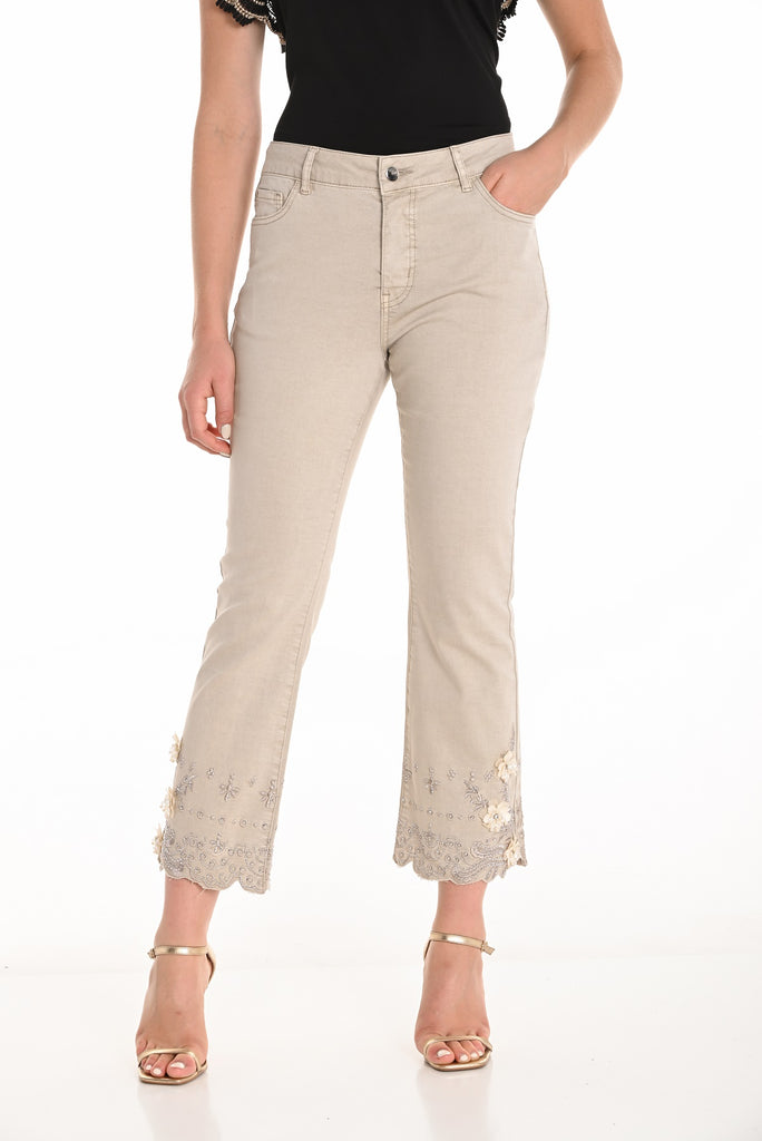 High waisted 5 pocket cropped length beige jeans with scalloped hem detail