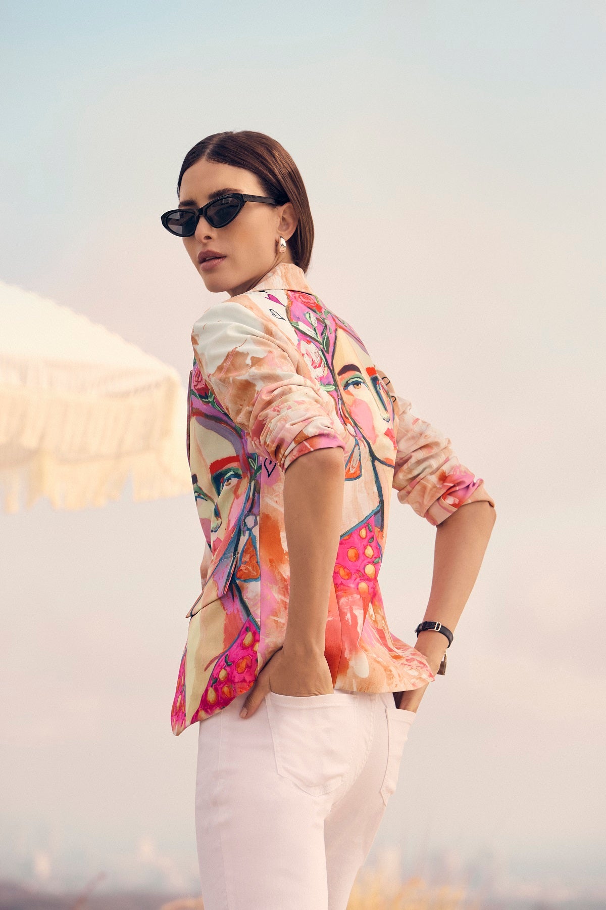 Frank Lyman Montreal Orange print blazer with fashionista print detail