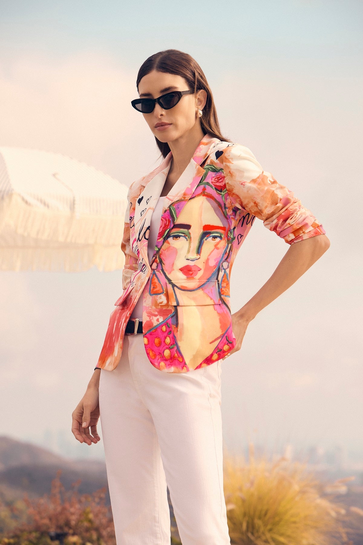 Frank Lyman Montreal Orange print blazer with fashionista print detail