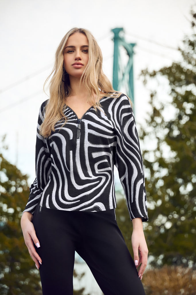 Grey black tunic sweater with embellished front zipper detail