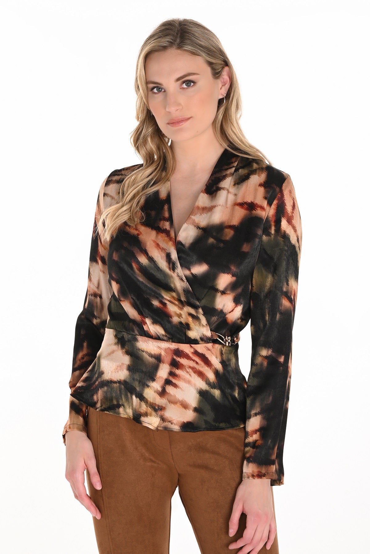 Frank Lyman Black beige print blouse in cross over front style