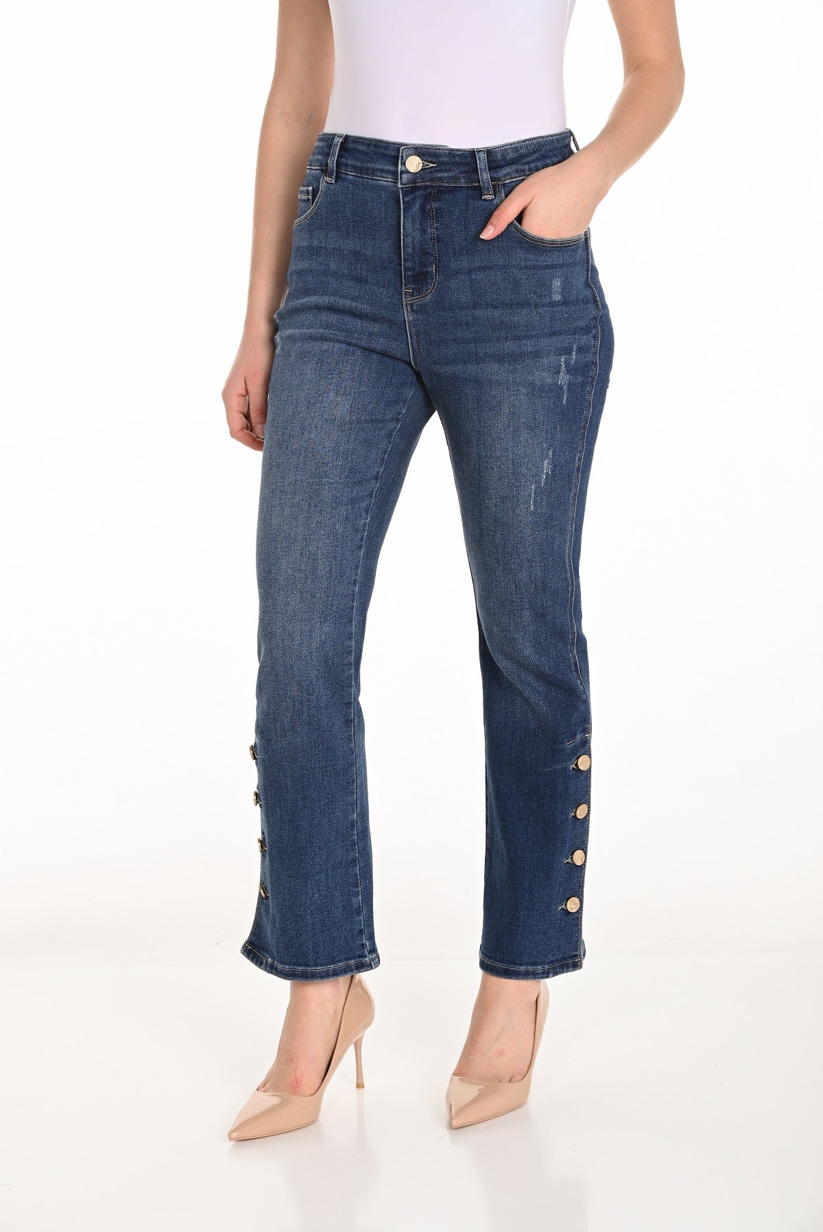 Frank Lyman wide leg jeans with working button side detail