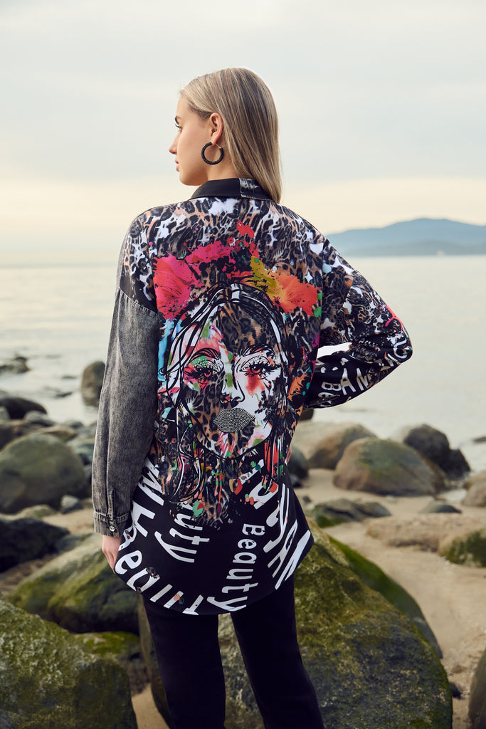 Black grey tunic blouse with striking sequin print detail on front and back