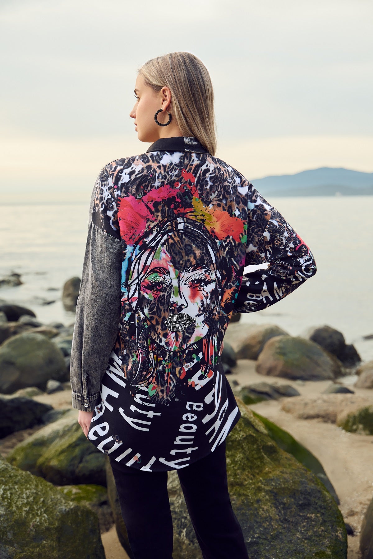 Black grey tunic blouse with striking sequin print detail on front and back
