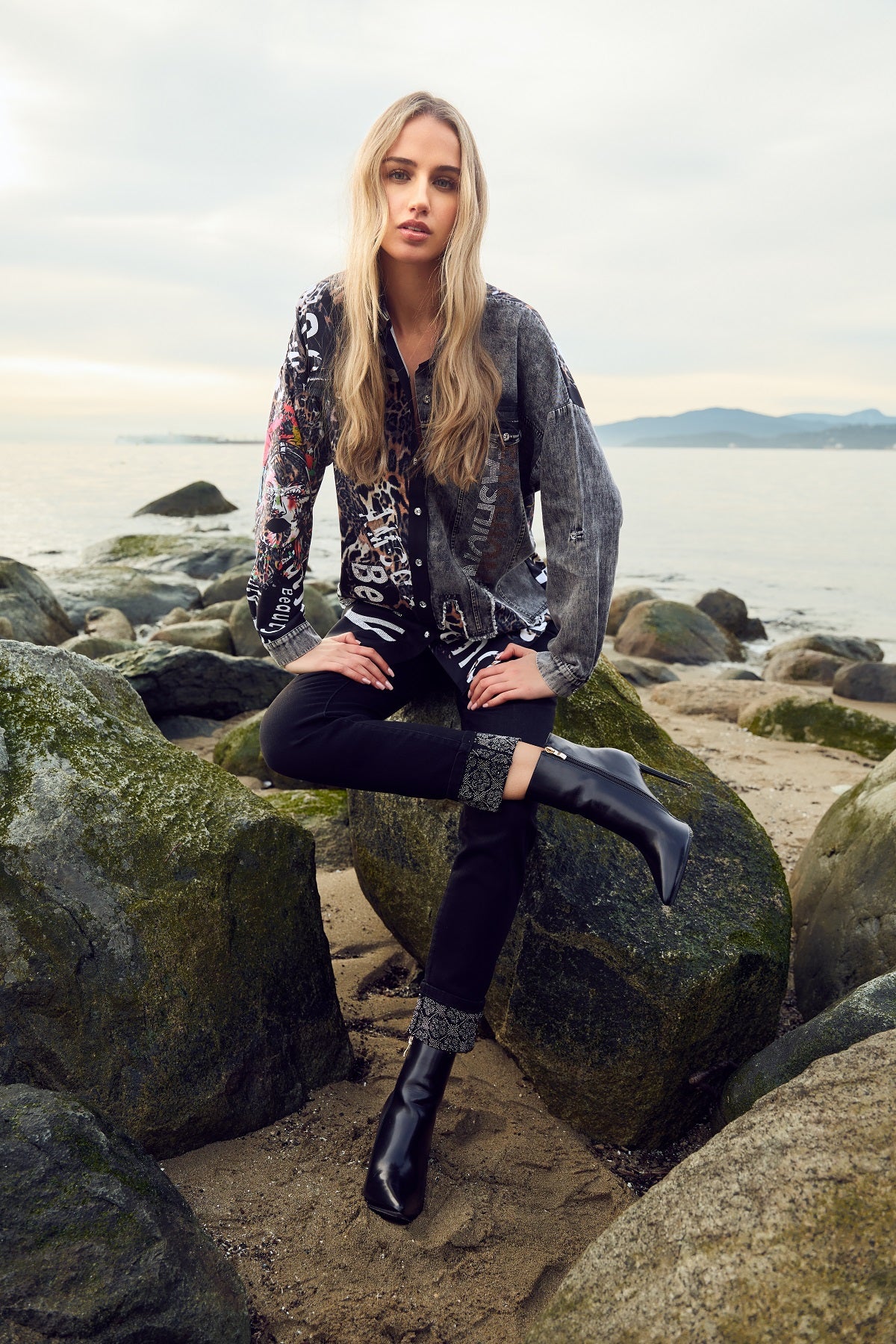 Black grey tunic blouse with striking sequin print detail on front and back