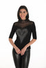 Frank Lyman ribbed sweater with front silver sequin and white pearl heart detail