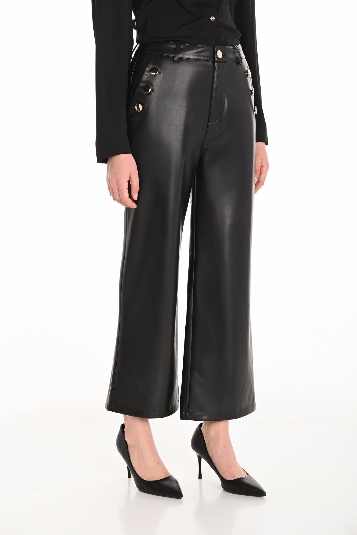 Black polyurethane wide leg pant with gold button and zip front
