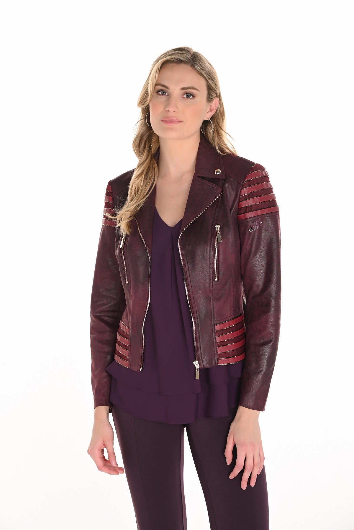 Frank Lyman plum motto jacket with zip front