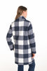 Person wearing a blue and white checkered coat on a white background