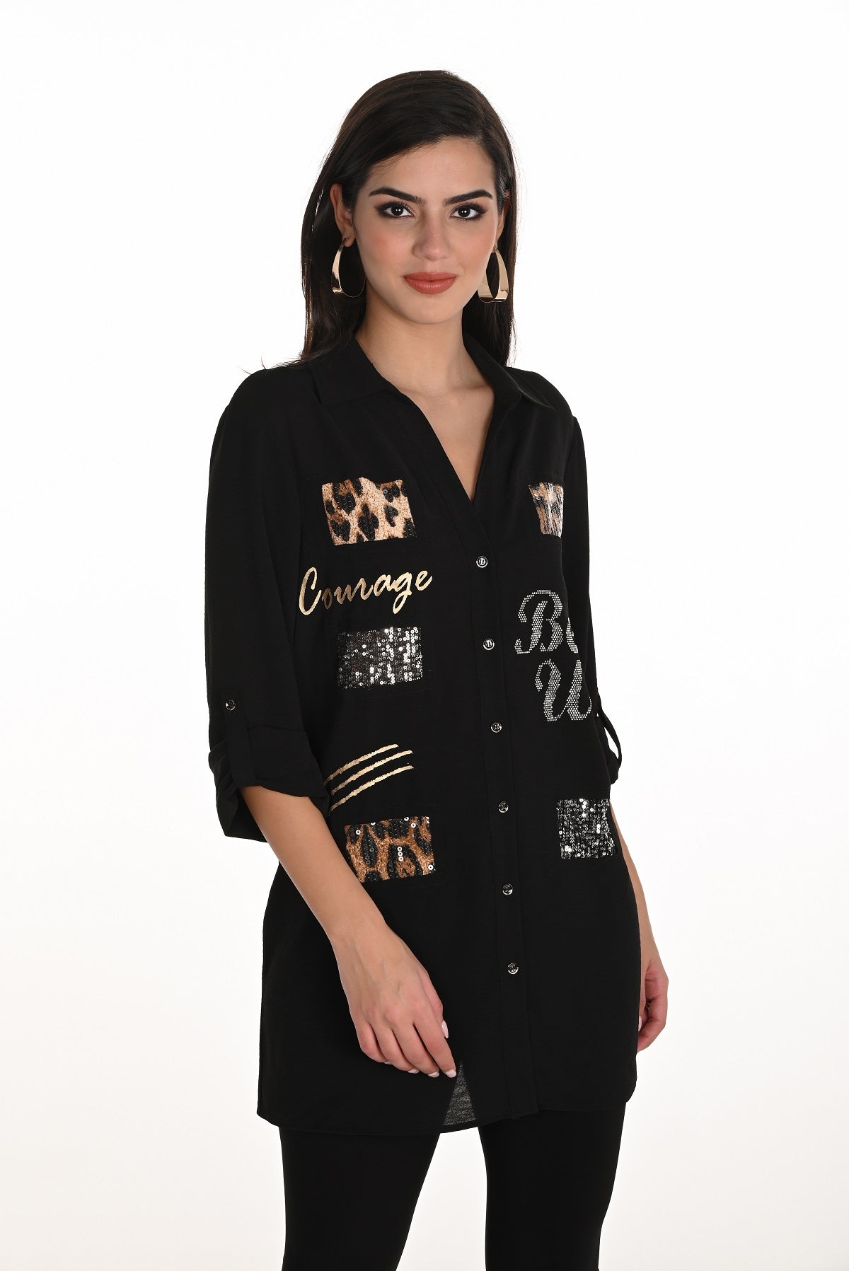 Frank Lyman Black Tunic blouse with front sequin print detail