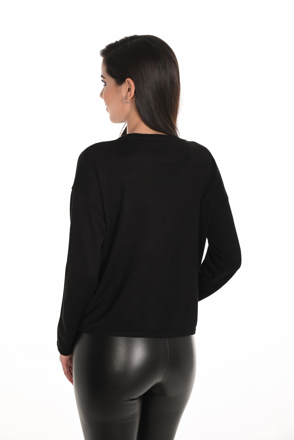 Frank Lyman black cropped sweater with front silver sequin and white pearl detail