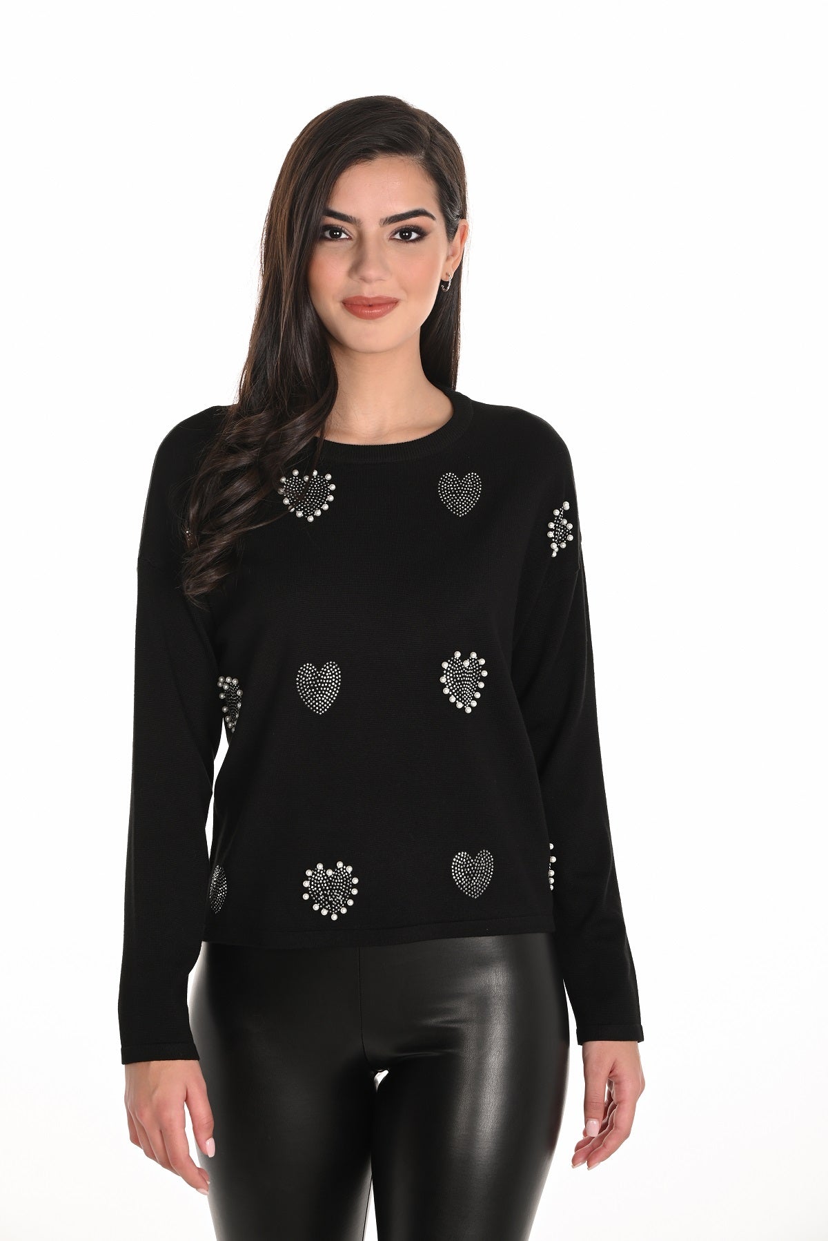 Frank Lyman black cropped sweater with front silver sequin and white pearl detail