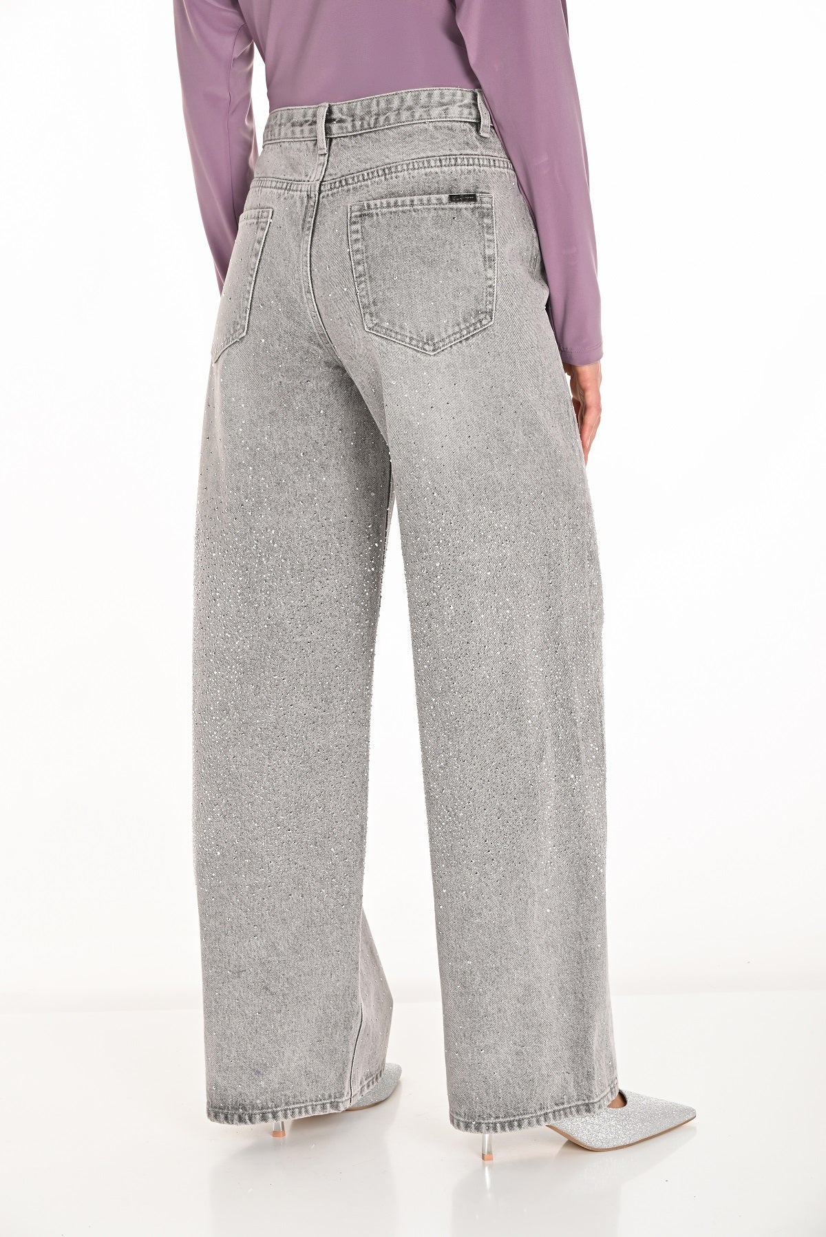 Frank Lyman High Waited grey wide leg jeans with sequin detail on front and back