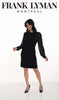 Woman wearing a black dress with long sleeves on a white background, branded 'Frank Lyman Montreal'.
