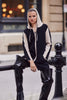 Black beige tunic length hoodie sweater with pockets and zip front