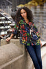 Sheer blouse with sequin print detail on front and back in flattering hi low silhouette