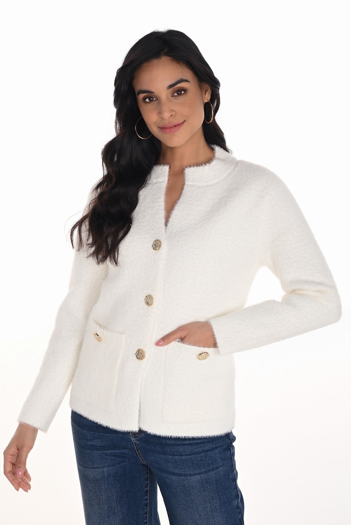 Off white eyelash knit cardigan sweater with patch pockets