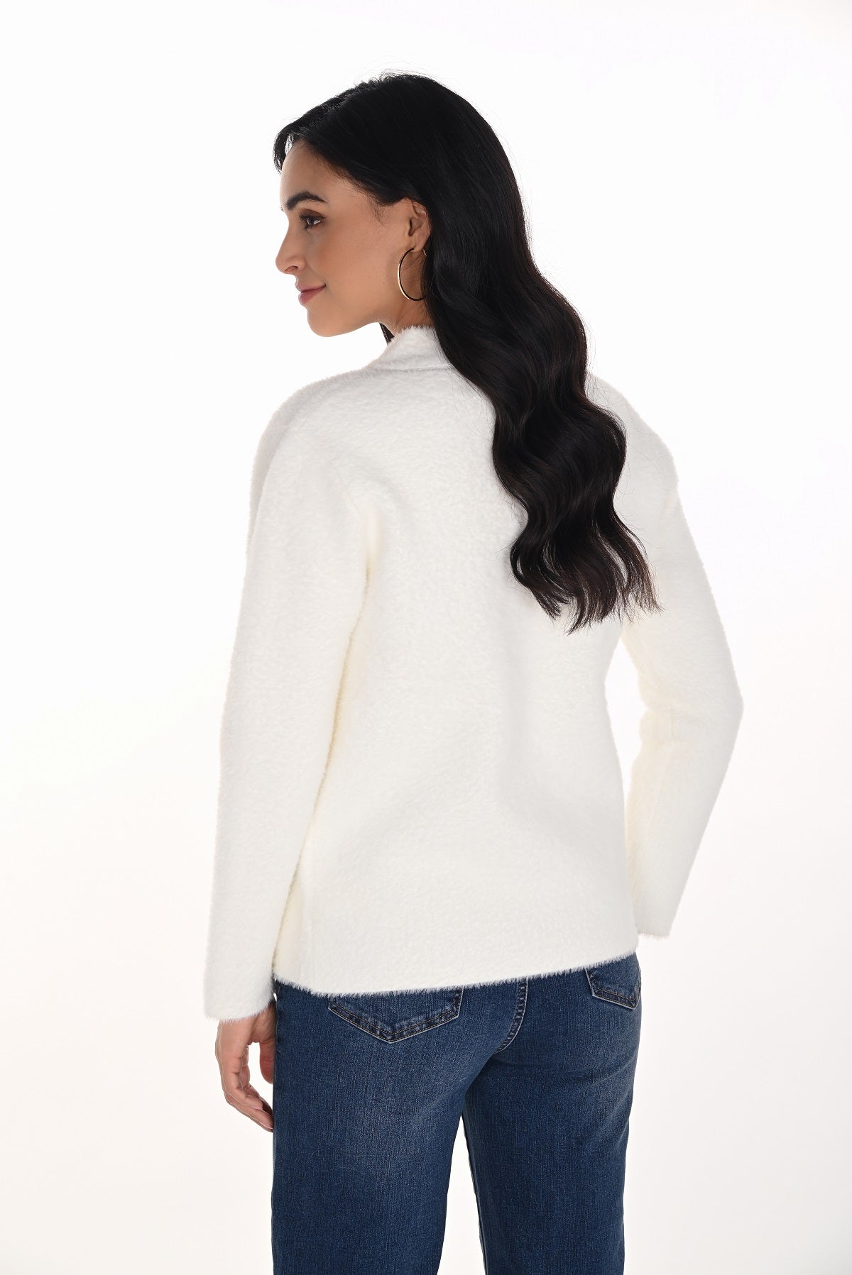 Off white eyelash knit cardigan sweater with patch pockets