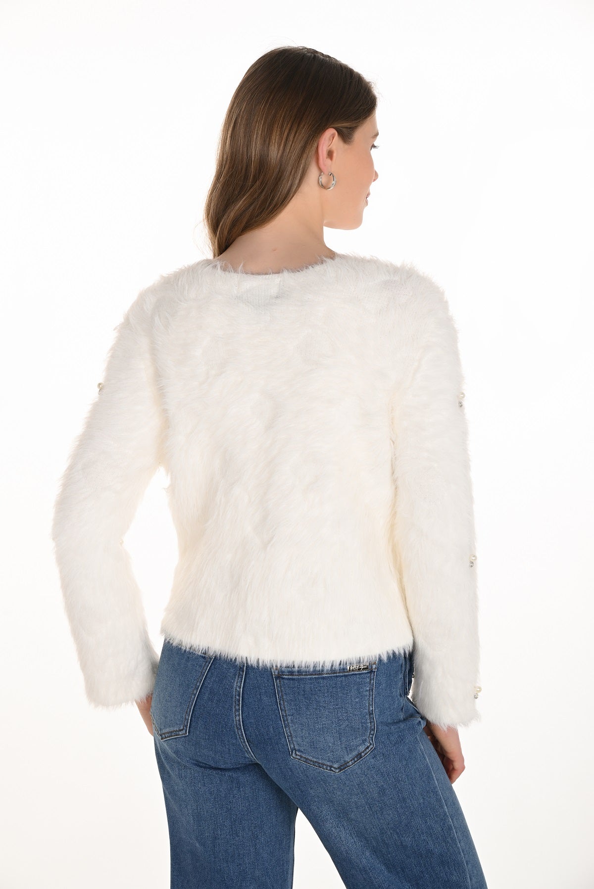 Winter white eyelash knit short cardigan sweater with front crystal stone detail