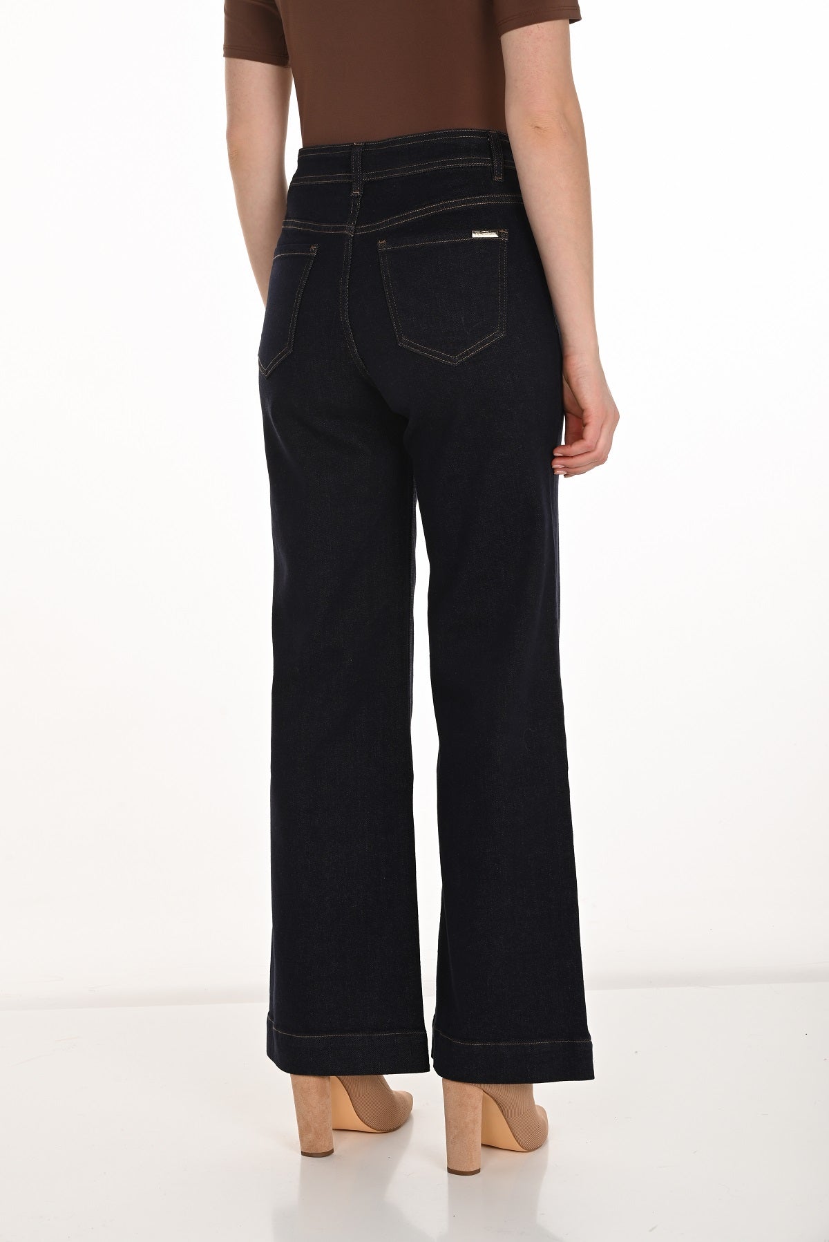 Wide leg dark wash denim jeans with front detail and 32 inch inseam