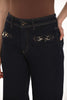 Wide leg dark wash denim jeans with front detail and 32 inch inseam