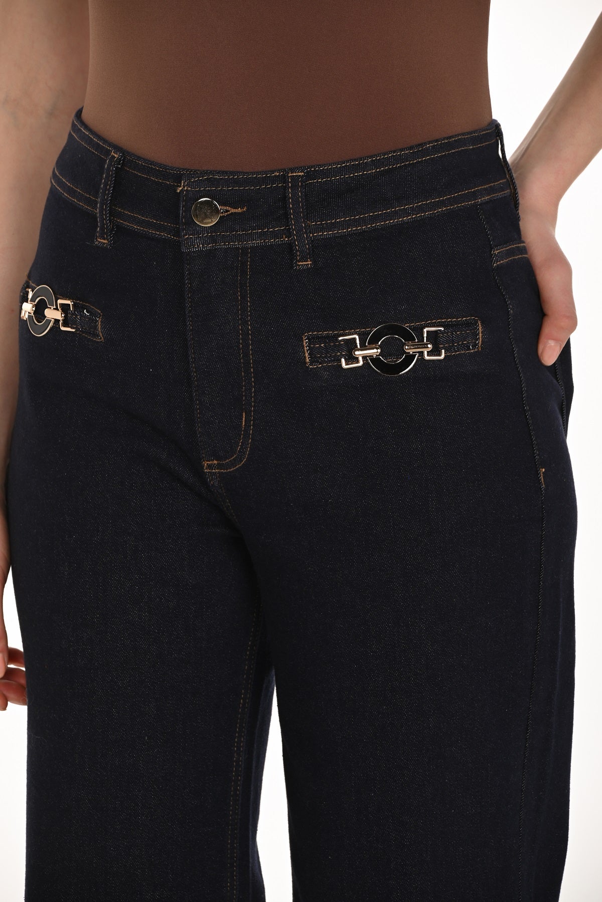 Wide leg dark wash denim jeans with front detail and 32 inch inseam