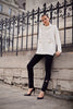Winter white tunic sweater with mock neck and zippered pom pom pockets