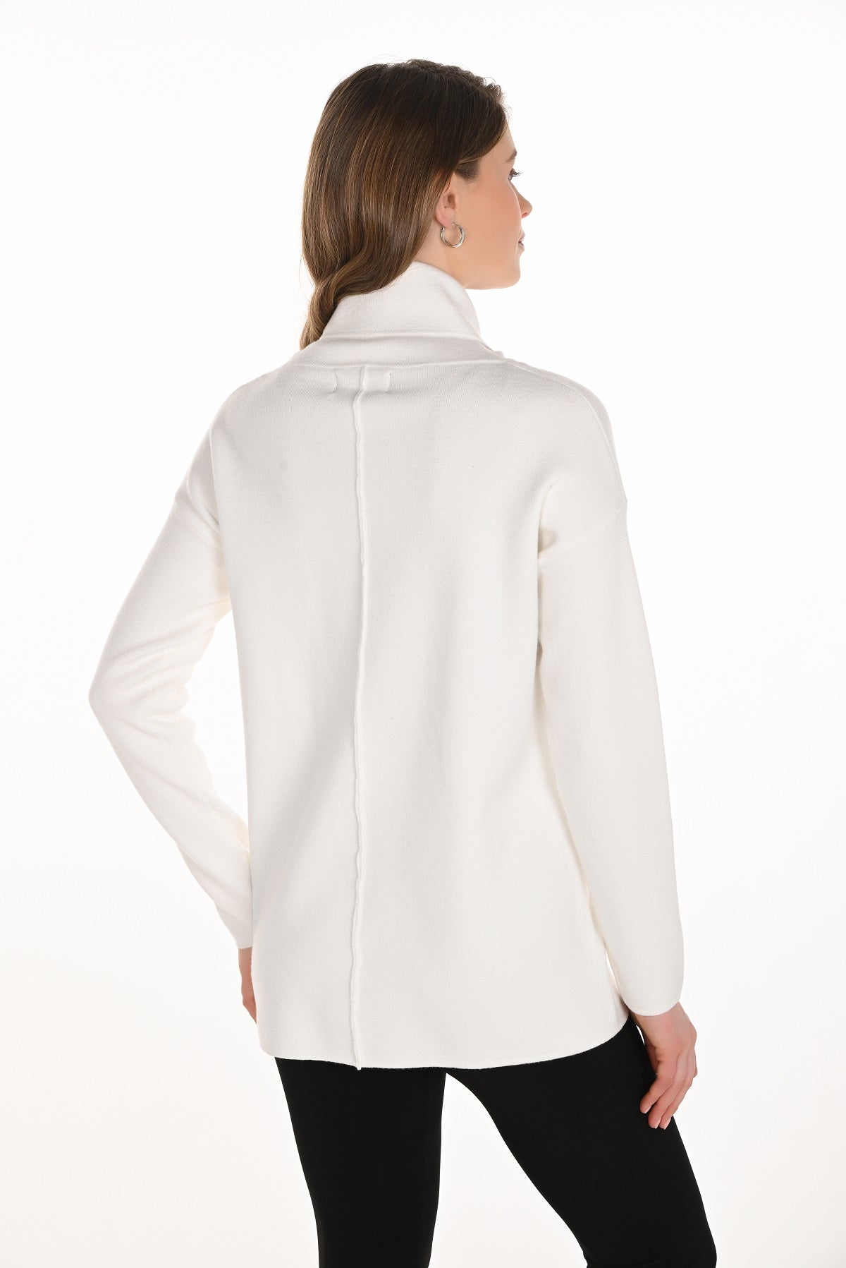Winter white tunic sweater with mock neck and zippered pom pom pockets