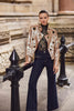 Wide leg dark wash denim jeans with front detail and 32 inch inseam