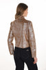 Edgy iridescent gold open front jacket with eyelid detail on front.