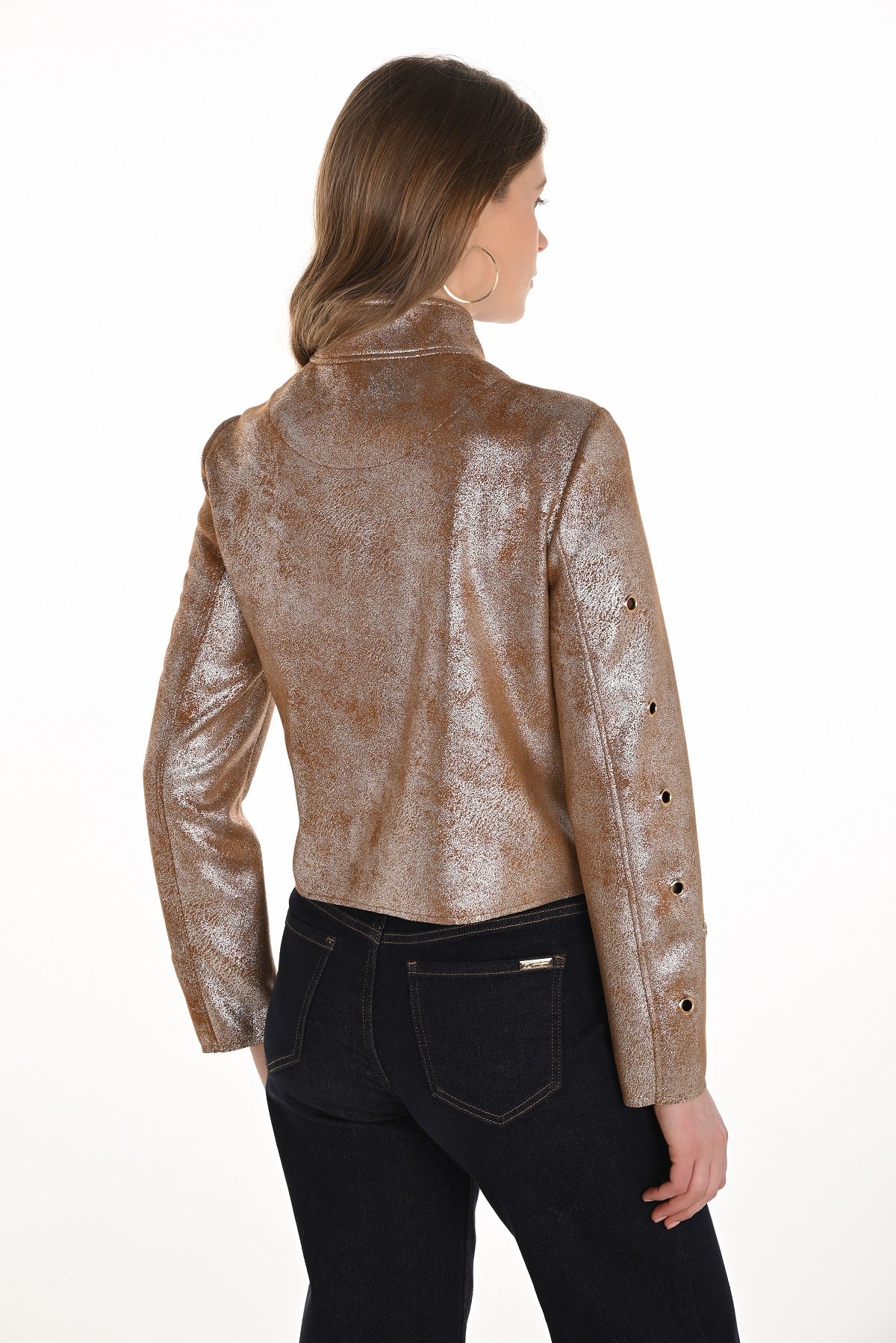 Edgy iridescent gold open front jacket with eyelid detail on front.
