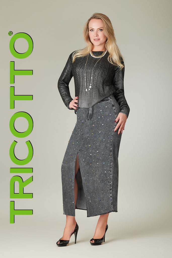 Tricotto Charcoal denim maxi skirt with front crystal stone detail