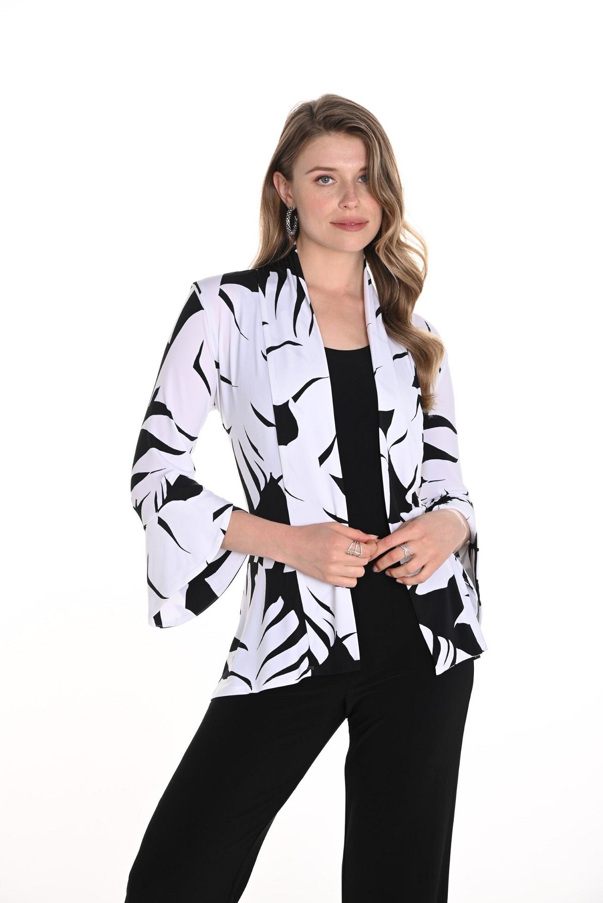 Frank Lyman Montreal Jersey Knit White black open front jacket with tulip sleeve detail.