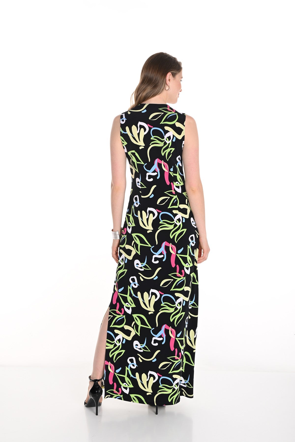 Frank Lyman Montreal black multi colored sleeveless maxi dress with zipper front