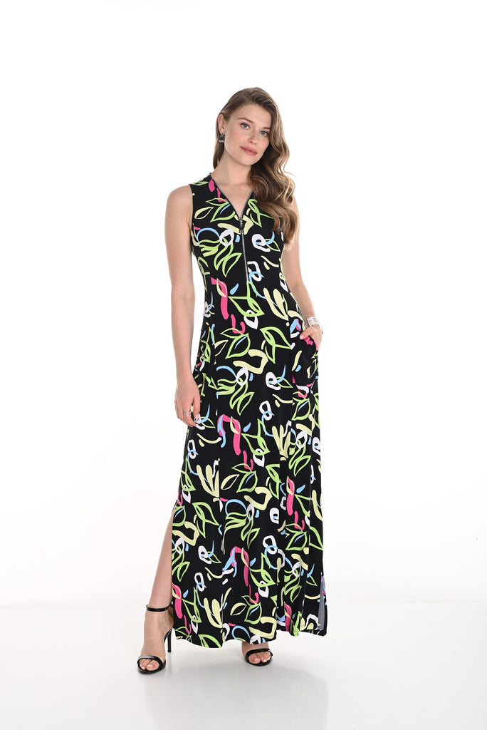 Frank Lyman Montreal black multi colored sleeveless maxi dress with zipper front