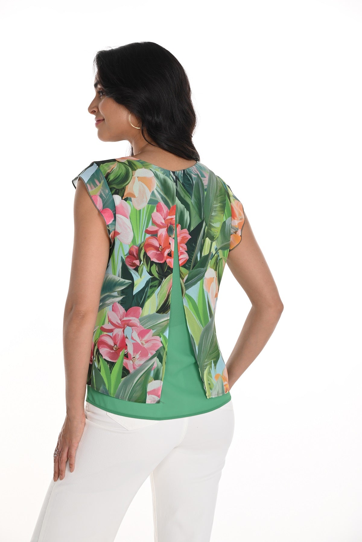 Frank Lyman Montreal green floral knit top with ruffled cap sleeve detail