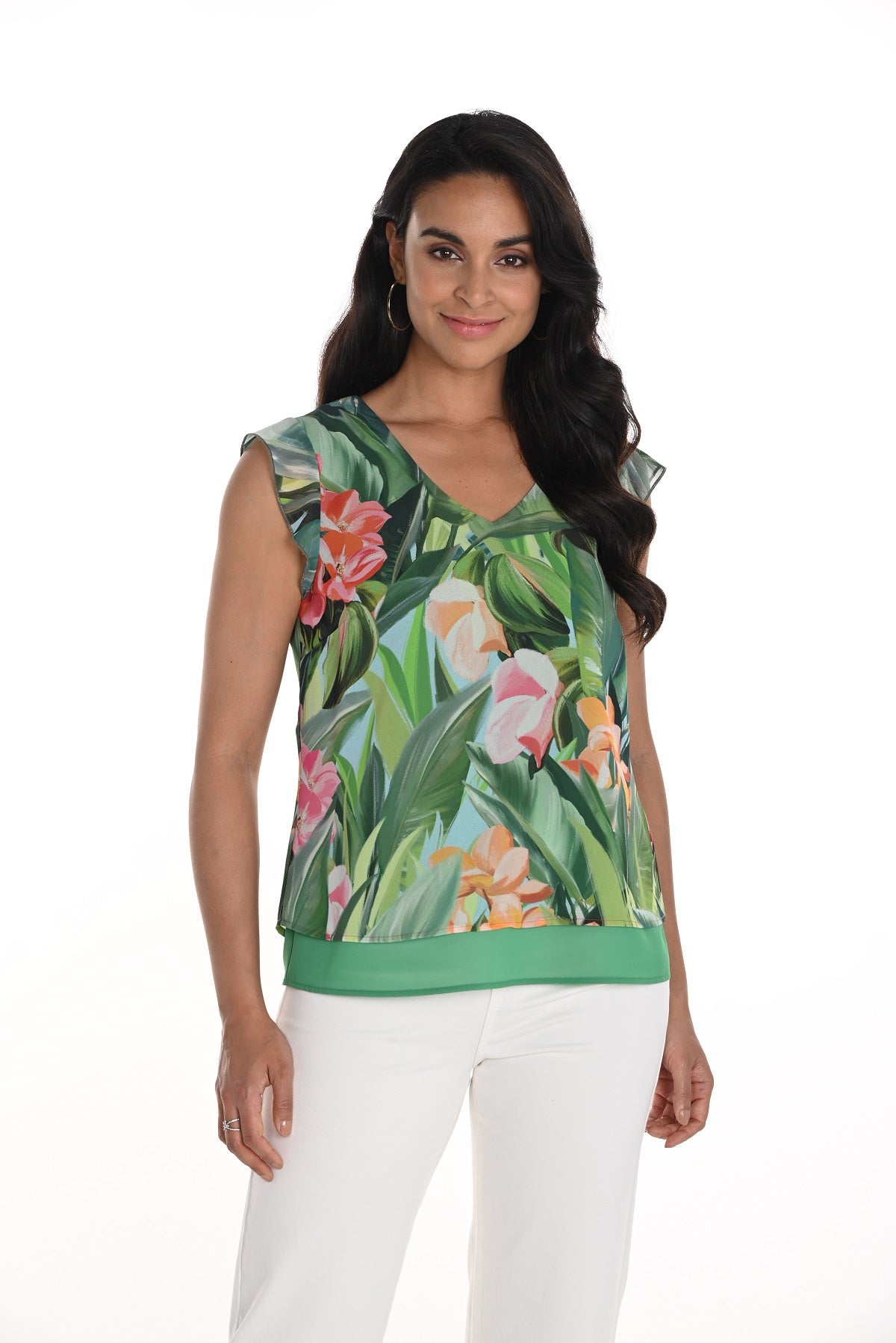 Frank Lyman Montreal green floral knit top with ruffled cap sleeve detail