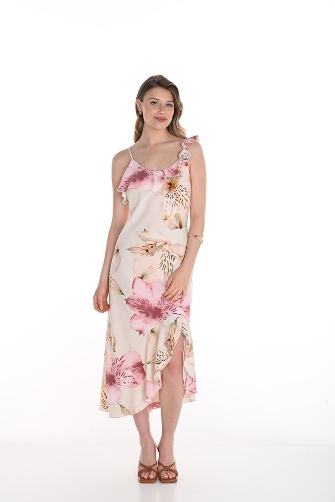 Frank Lyman Montreal Knit Maxi Dress in feminine blush floral print